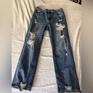Risen High Rise Distressed Stretch Jeans 15/32 15
